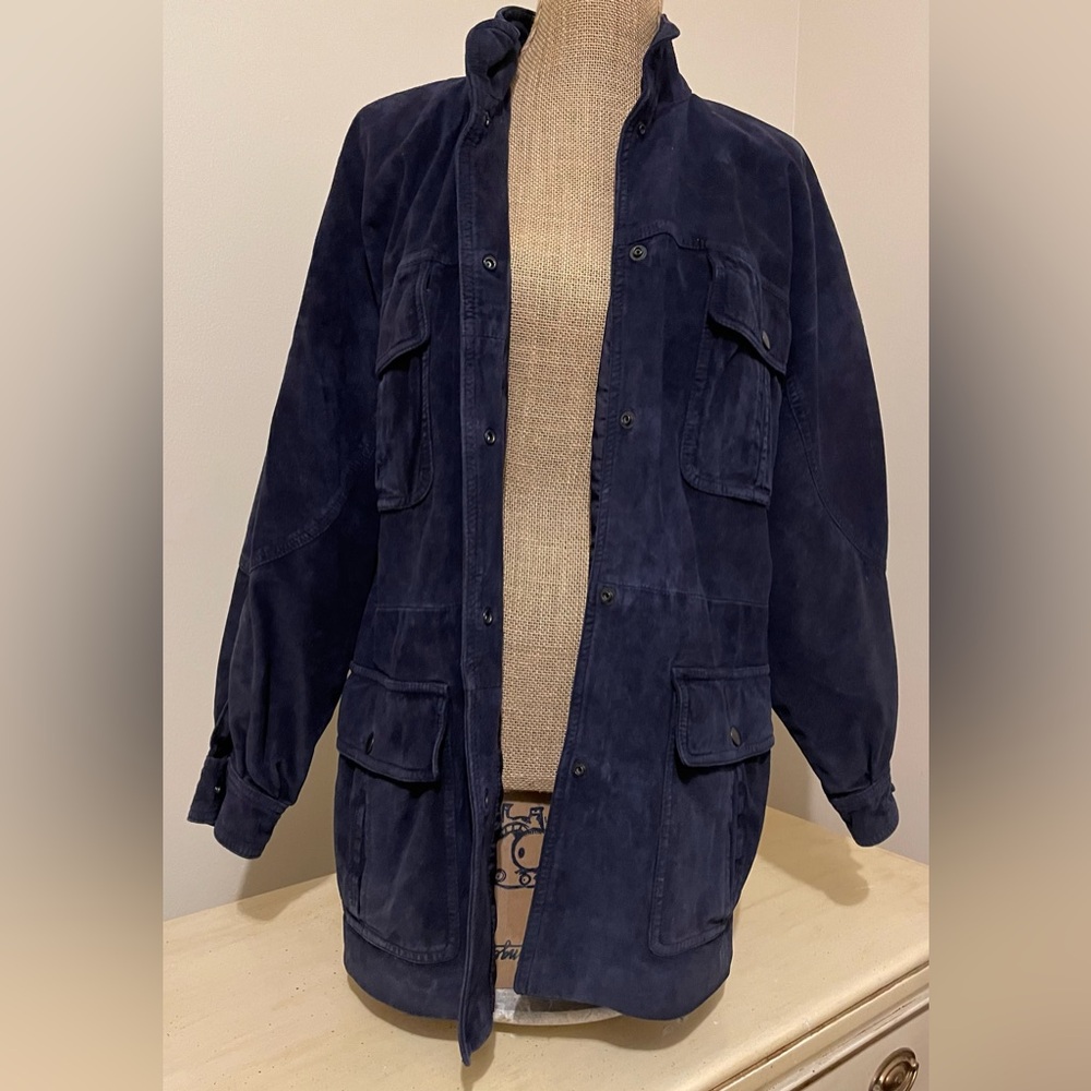 Bergdorf Goodman Blue Suede 3/4 Length Long Coat - Picture 5 of 12